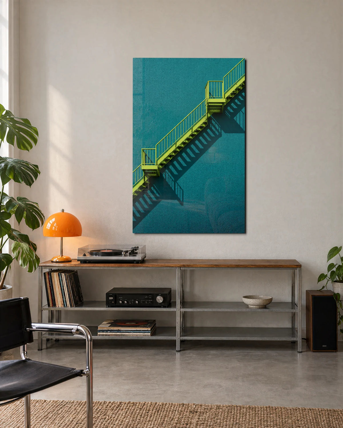 Green Stair Teal Wall — shown in a living space