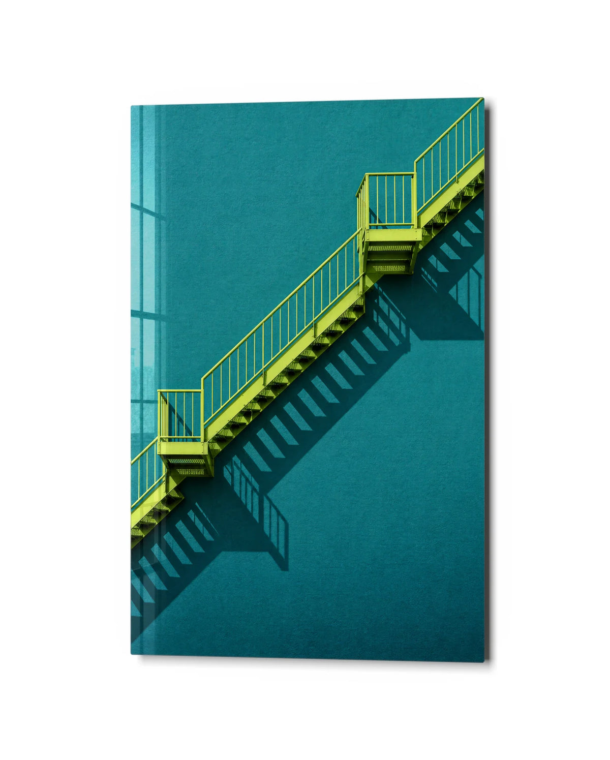Green Stair Teal Wall — studio view of glass wall art