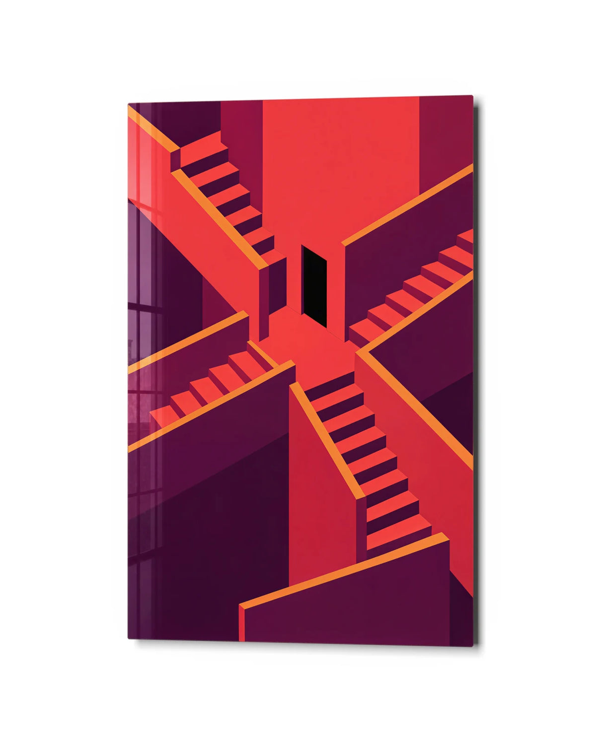 Stairs in Coral — studio view of glass wall art