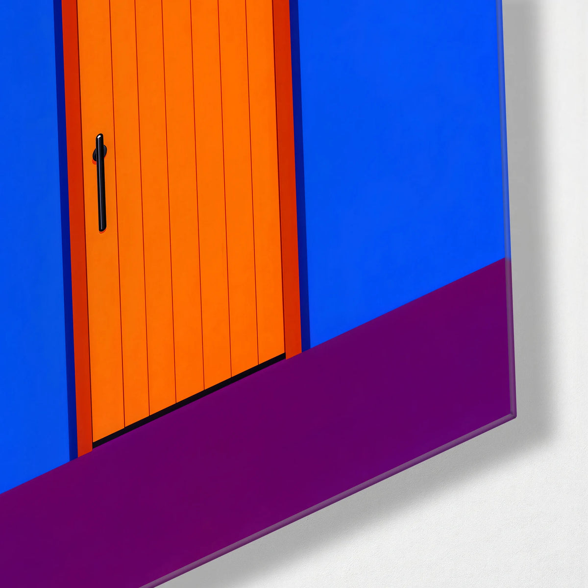 Orange Door Blue Wall — corner detail of glass wall art