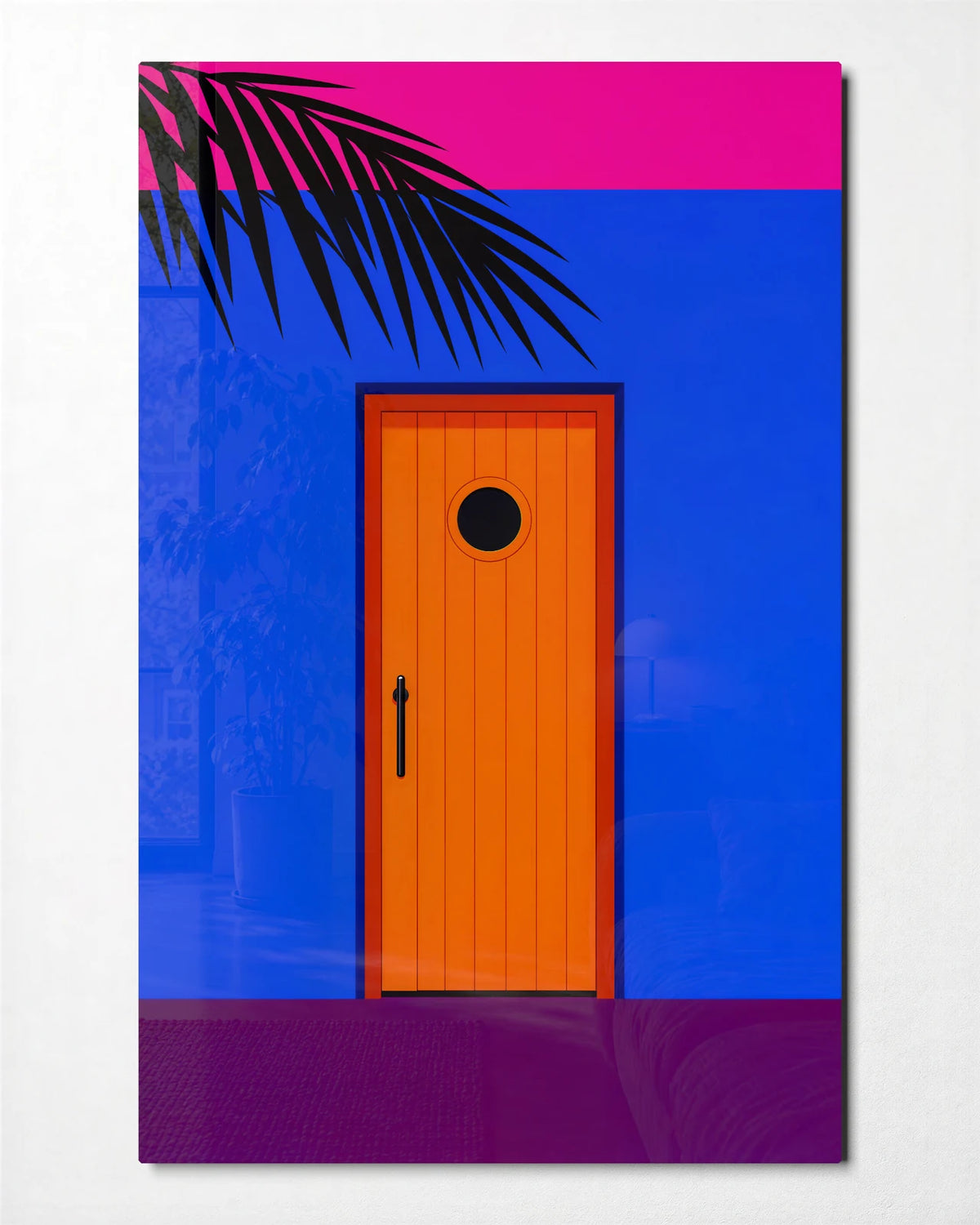 Orange Door Blue Wall — front view of glass wall art