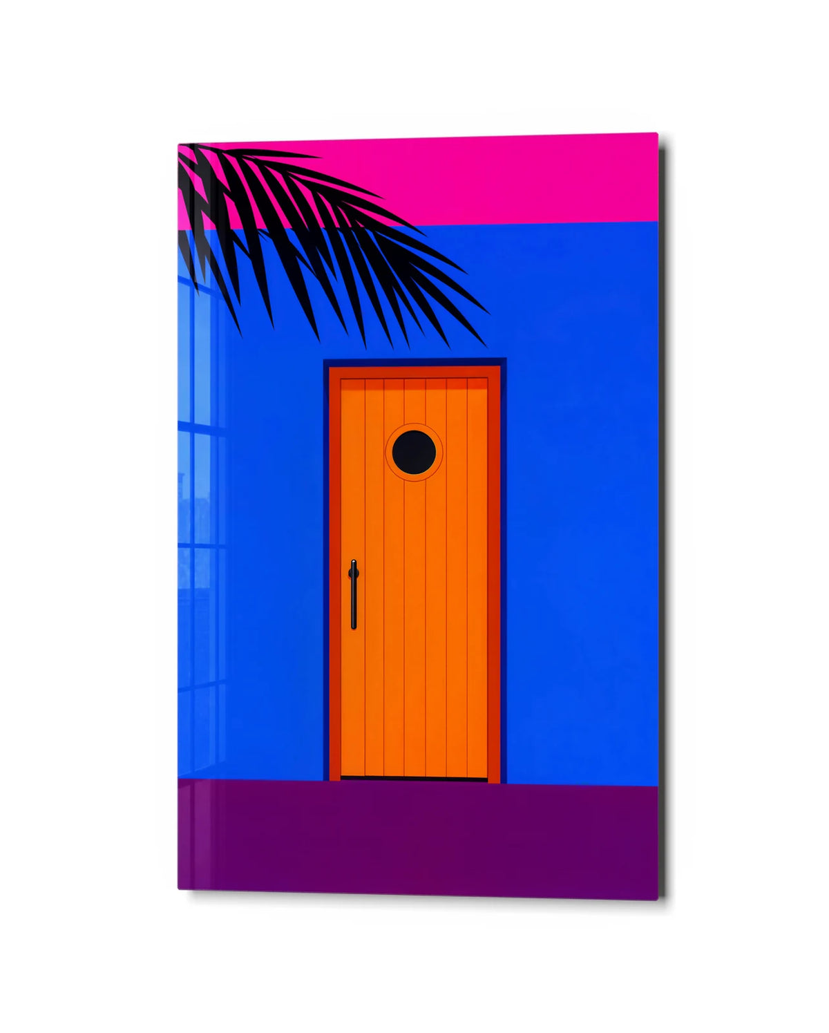 Orange Door Blue Wall — studio view of glass wall art