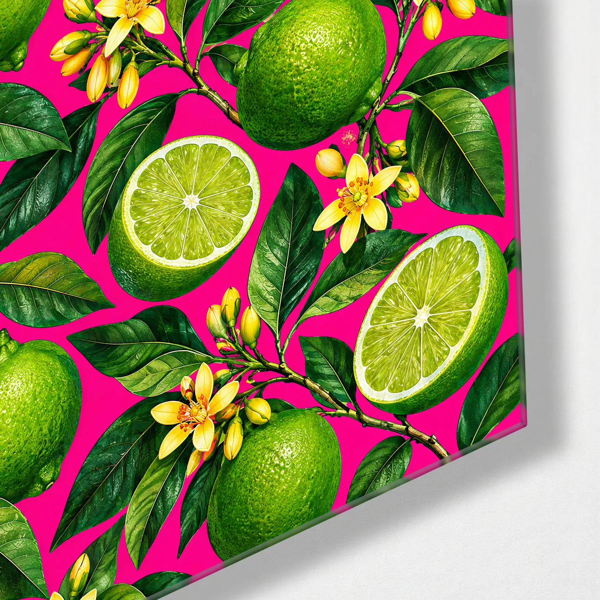 Limes and Little Flowers — corner detail of glass wall art