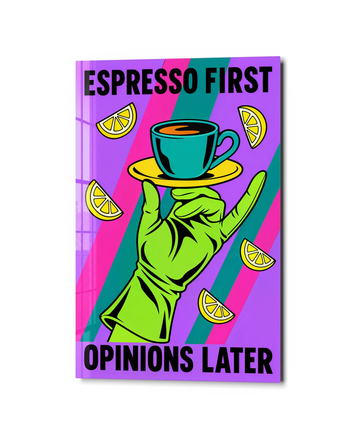 Espresso First — studio view of glass wall art