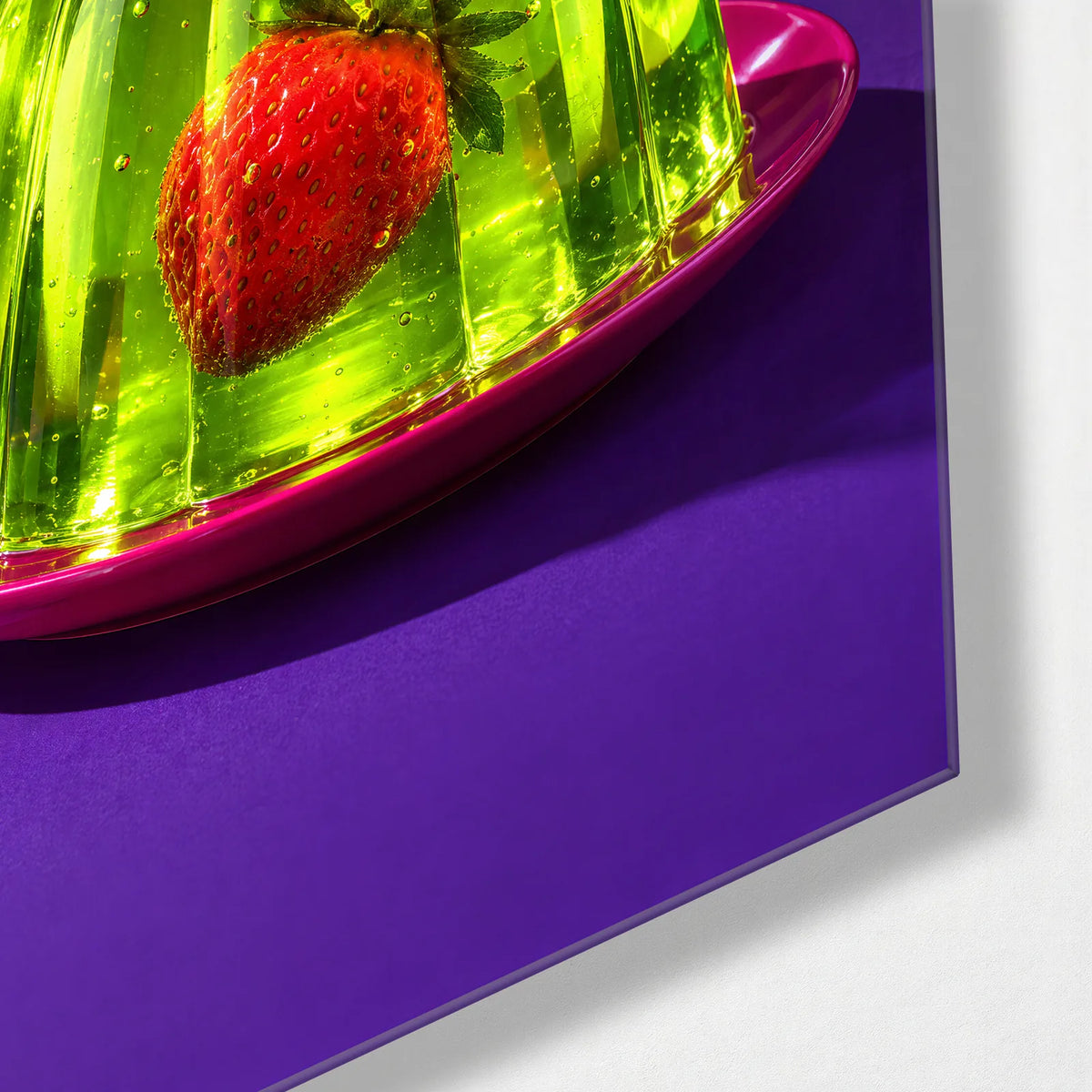 Strawberry in Jelly — corner detail of glass wall art
