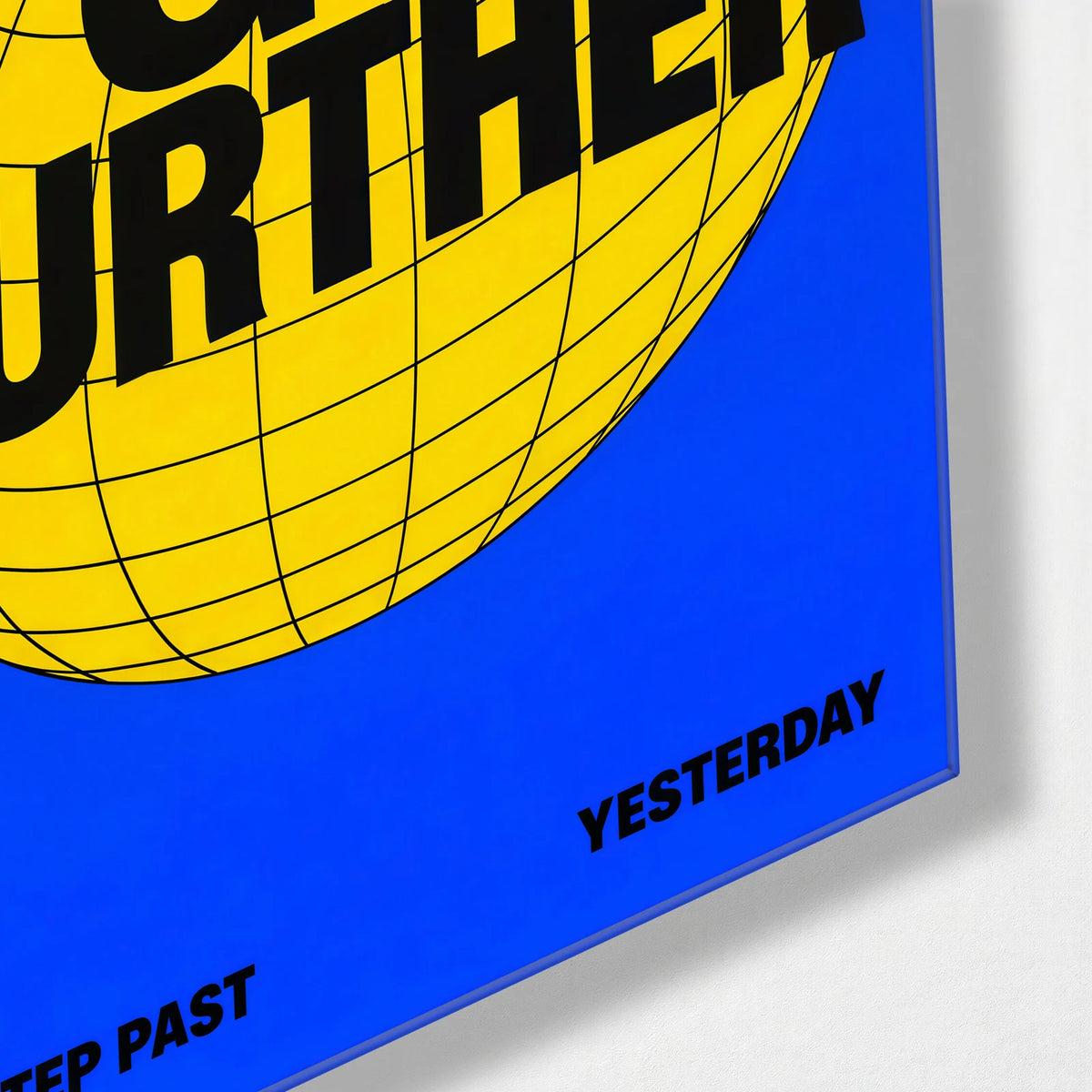 Go Further — corner detail of glass wall art