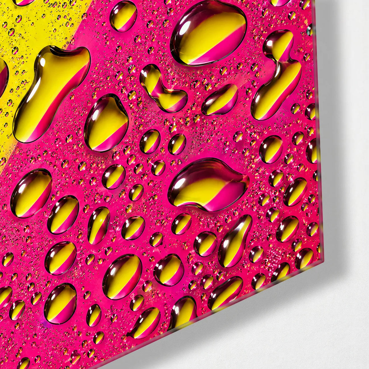 Pink Yellow Droplets — corner detail of glass wall art