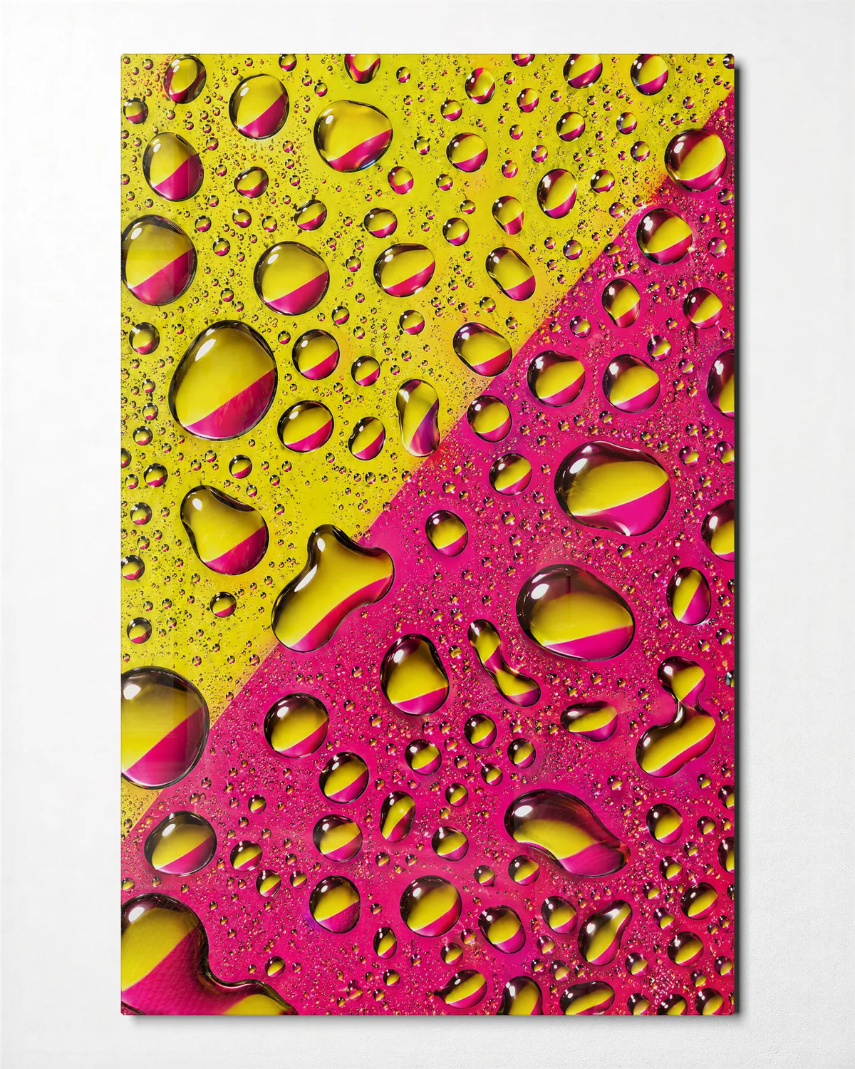 Pink Yellow Droplets — front view of glass wall art