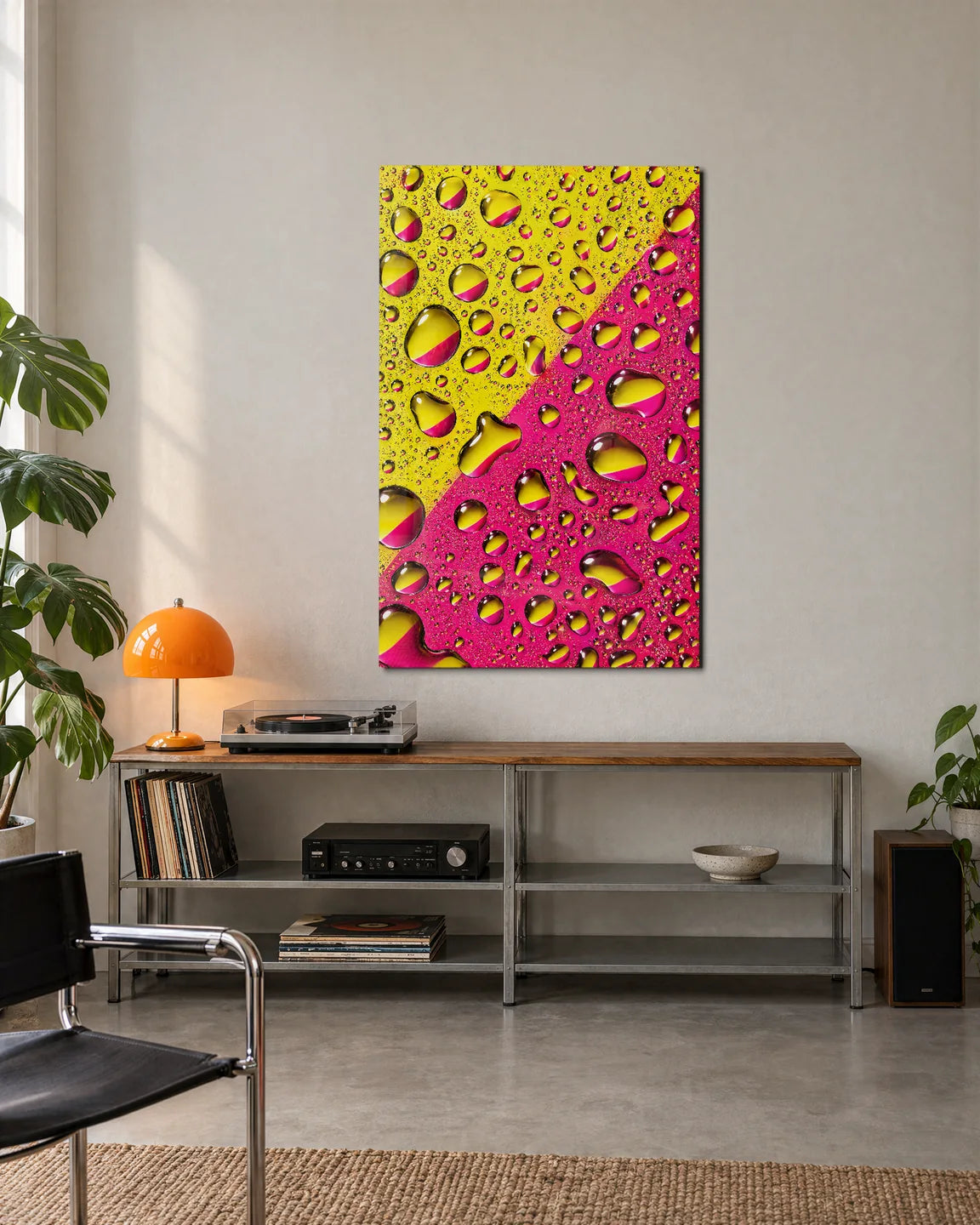Pink Yellow Droplets — shown in a living space