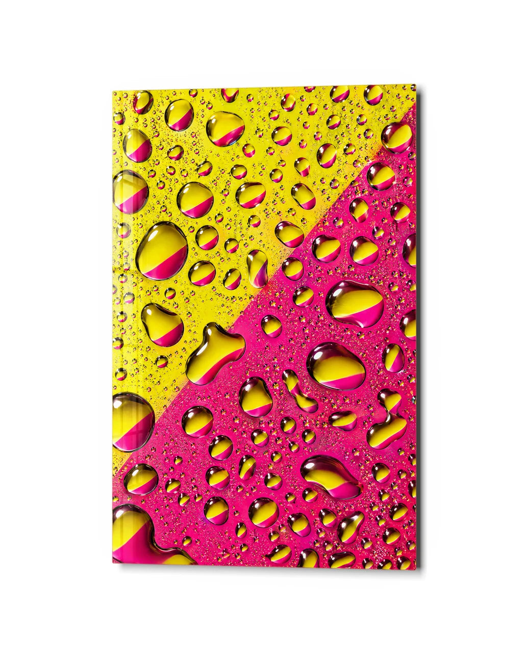 Pink Yellow Droplets — studio view of glass wall art