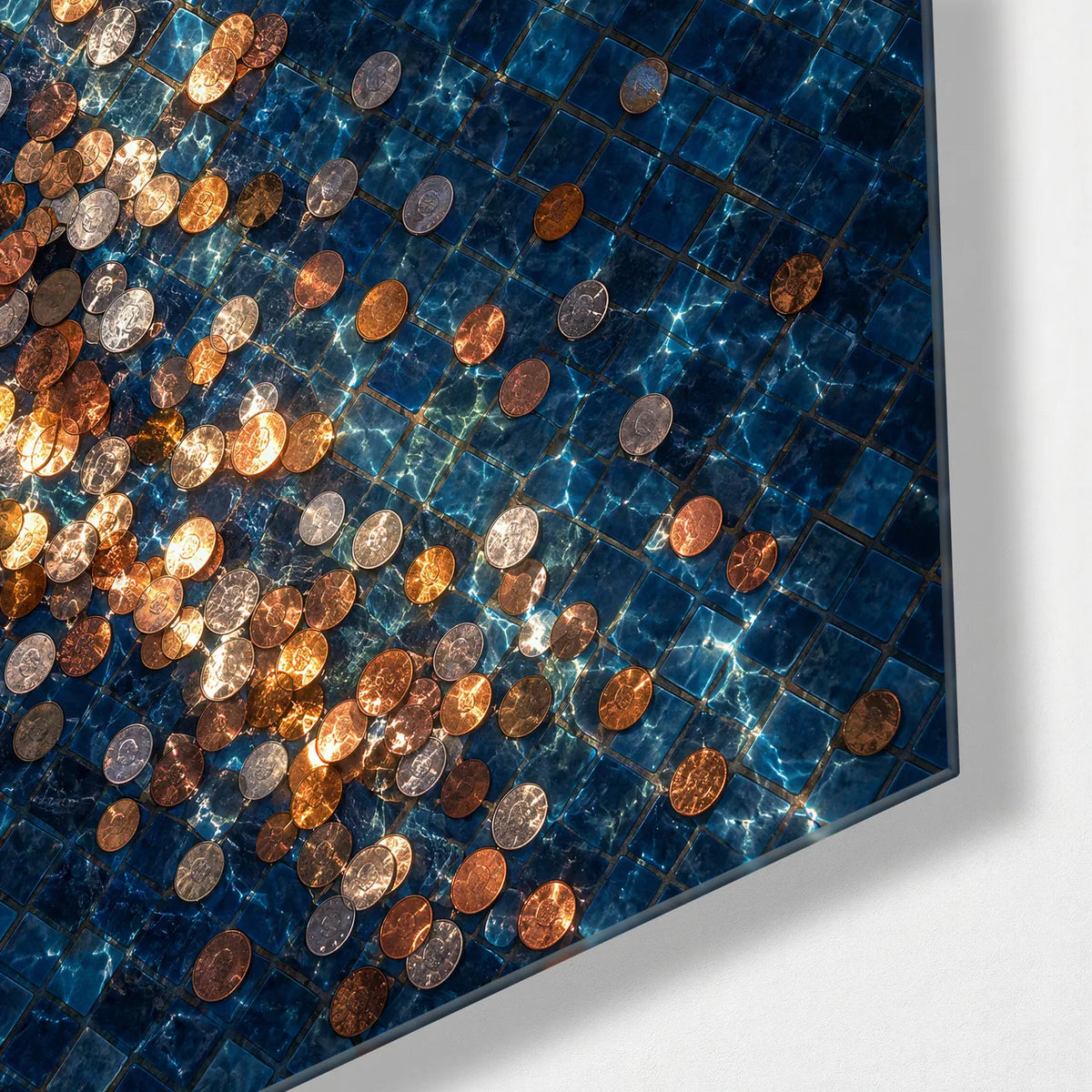 Coins Under Blue — corner detail of glass wall art