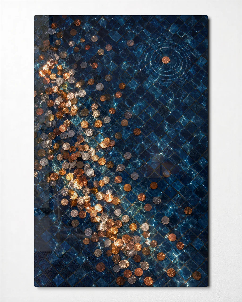 Coins Under Blue — front view of glass wall art