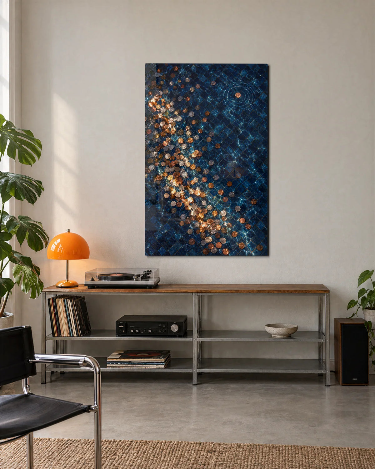 Coins Under Blue — shown in a living space