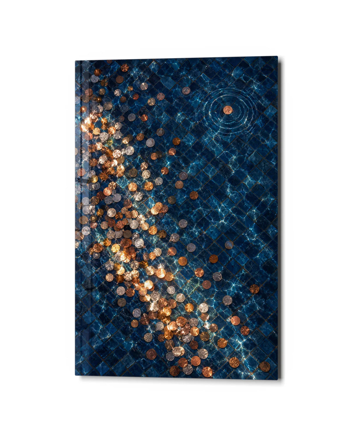 Coins Under Blue — studio view of glass wall art