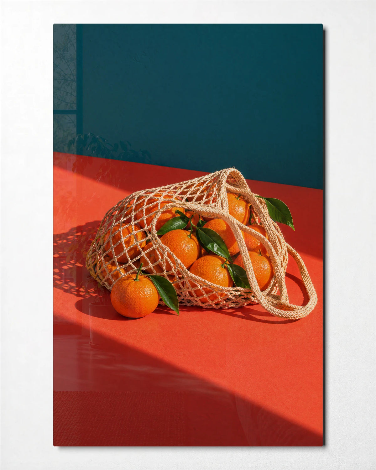 Oranges on the Counter — front view of glass wall art