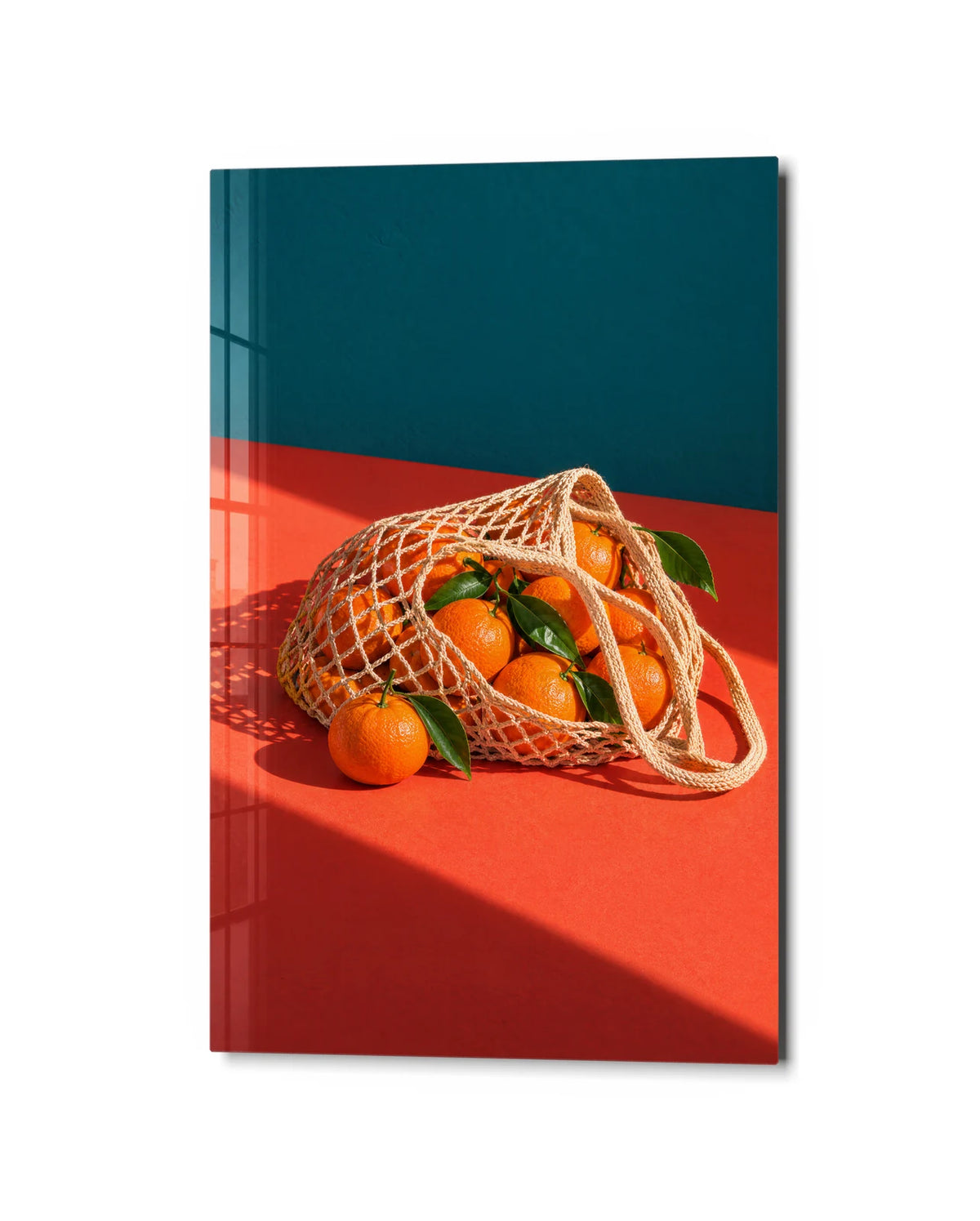 Oranges on the Counter — studio view of glass wall art