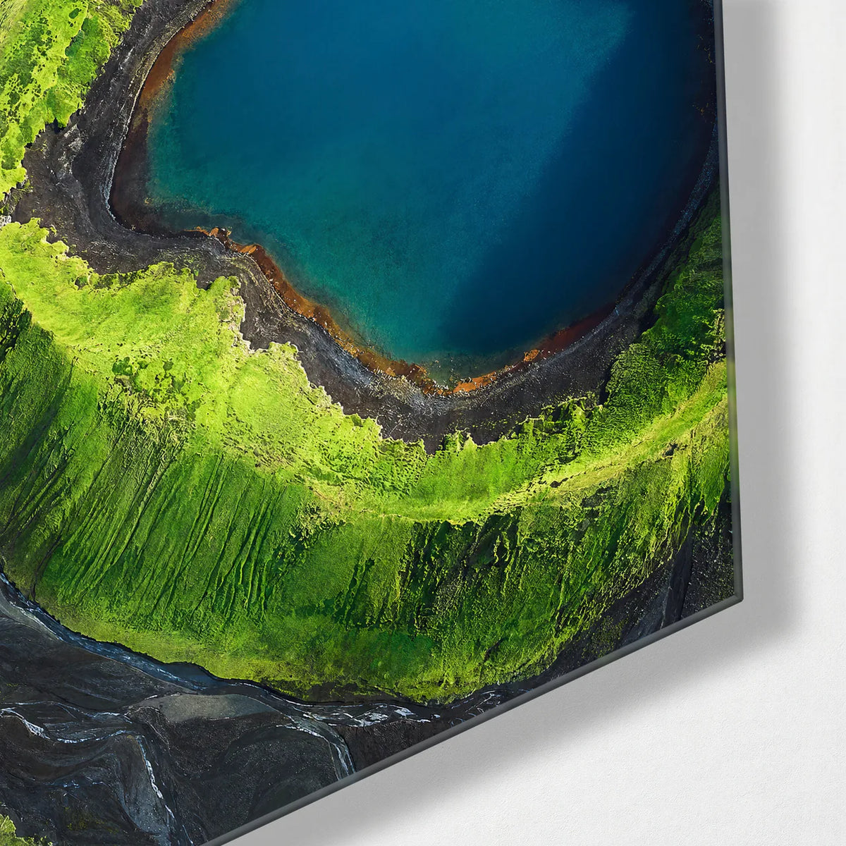 Two Blue Craters — corner detail of glass wall art