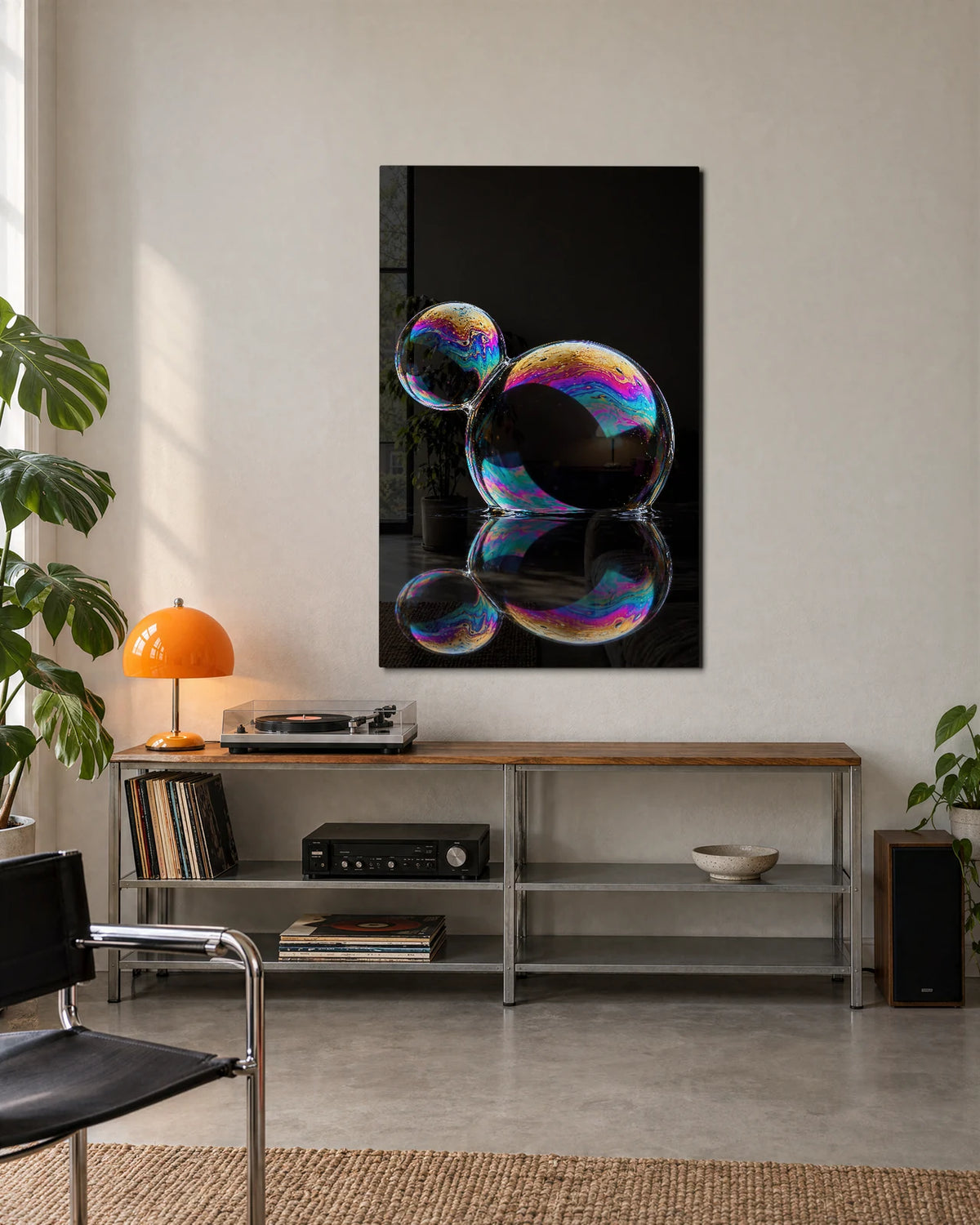 Two Bubbles at Rest — shown in a living space
