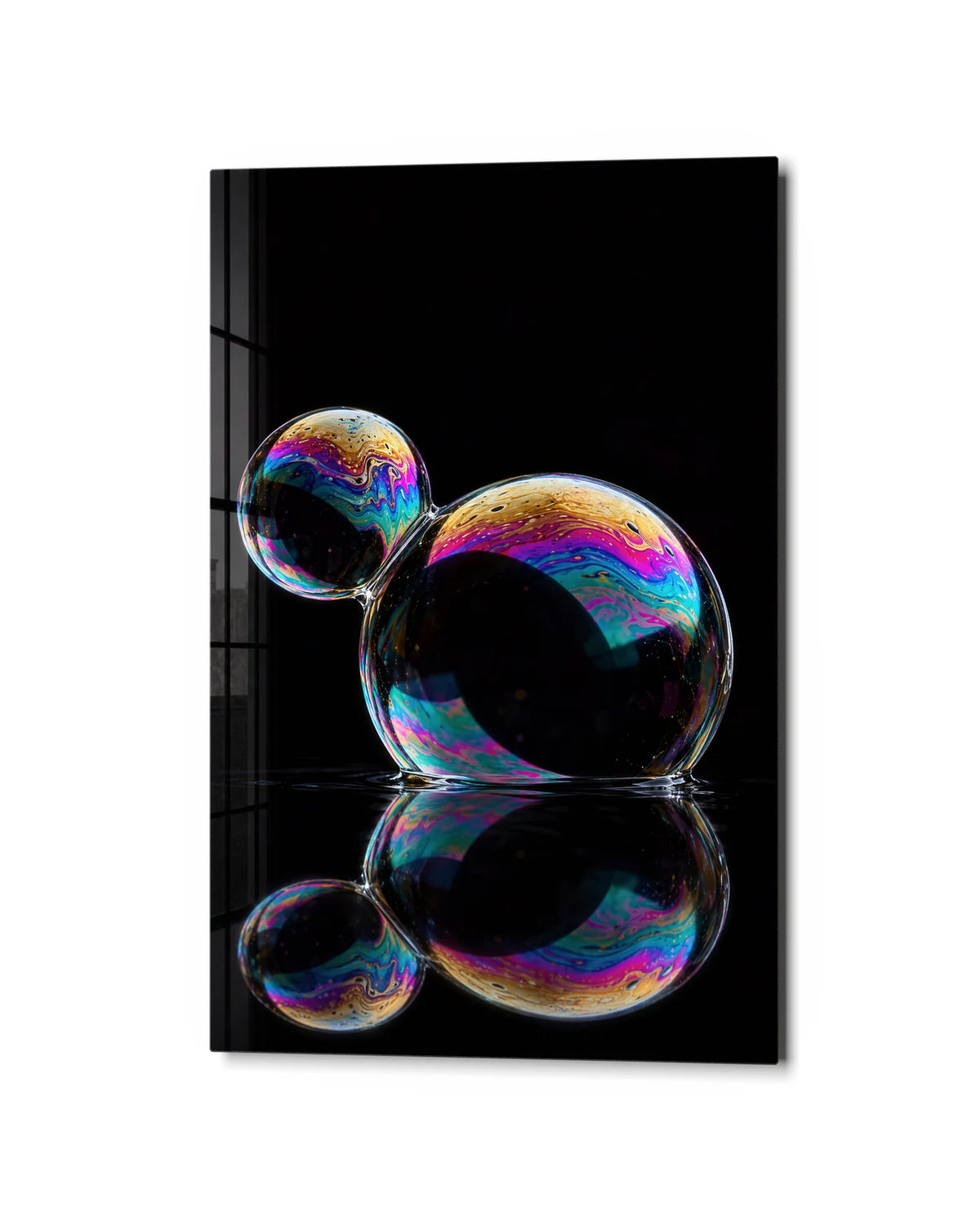 Two Bubbles at Rest — studio view of glass wall art