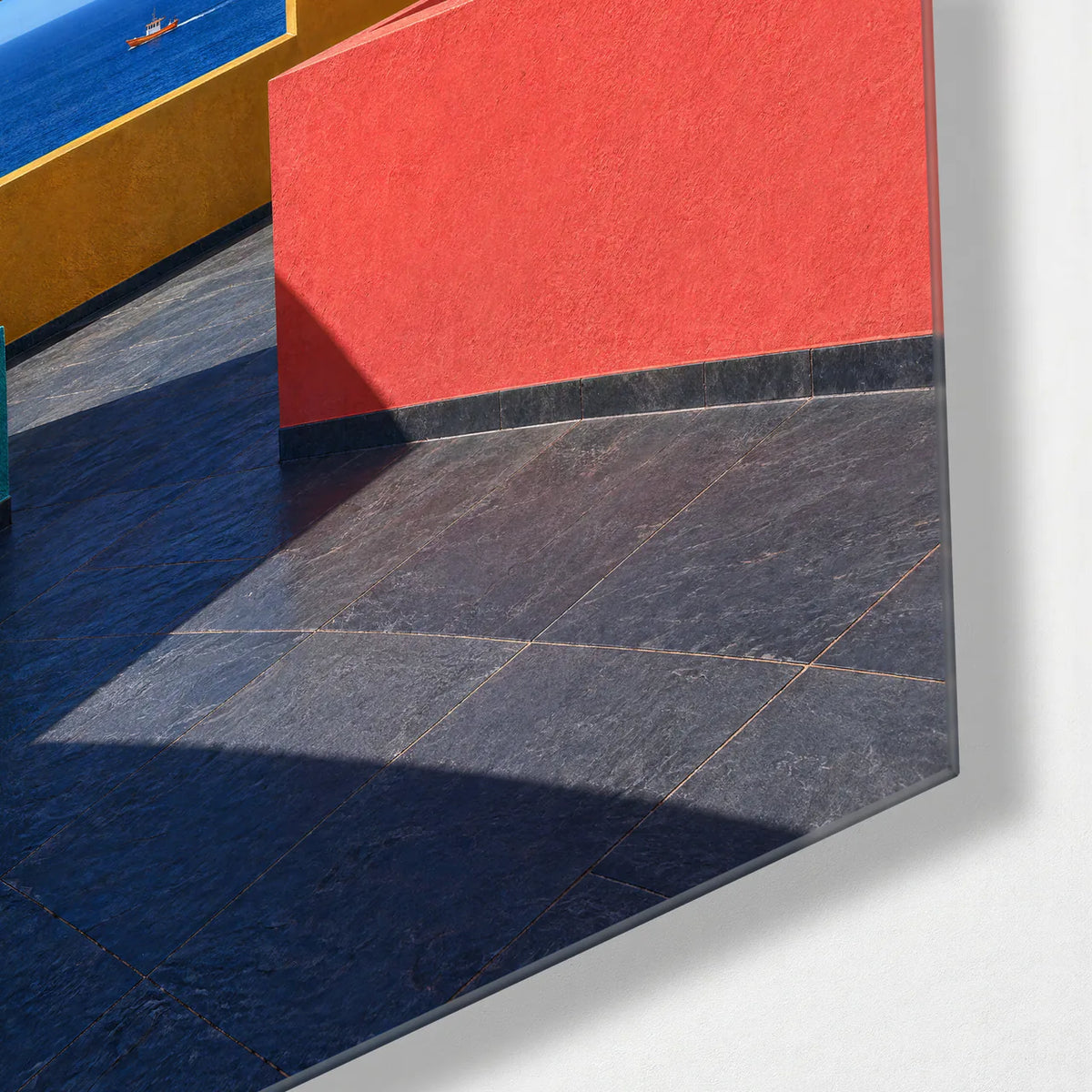 The Golden Spiral Stair — corner detail of glass wall art