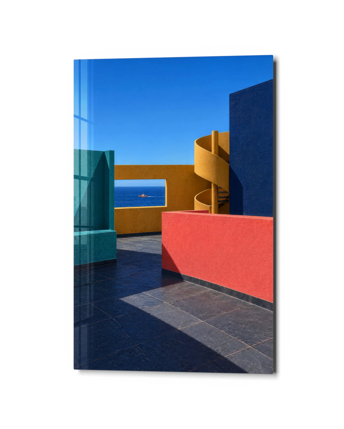 The Golden Spiral Stair — studio view of glass wall art