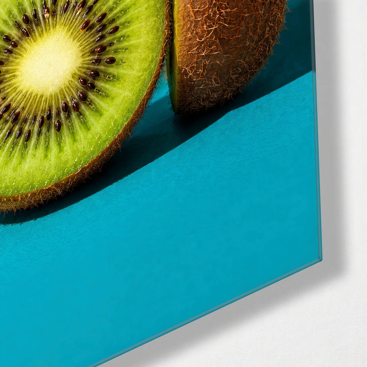 Kiwi in Two — corner detail of glass wall art