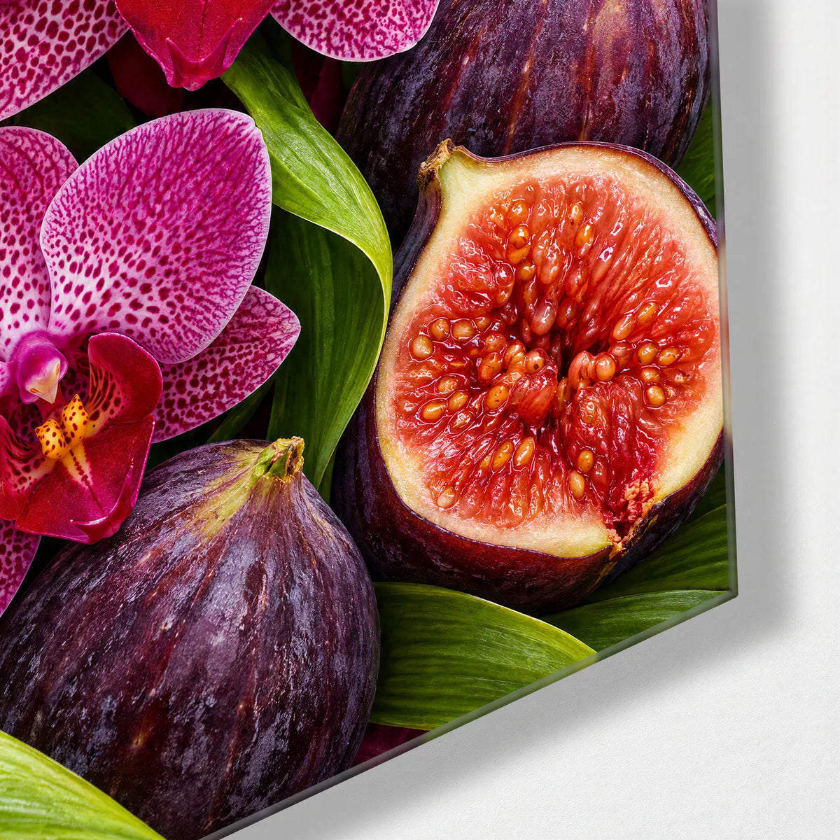 Orchids and Figs — corner detail of glass wall art