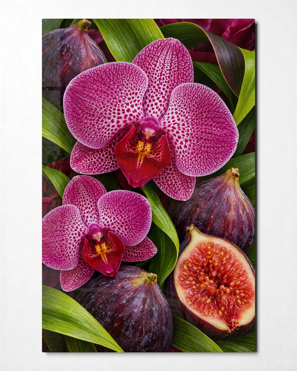 Orchids and Figs — front view of glass wall art