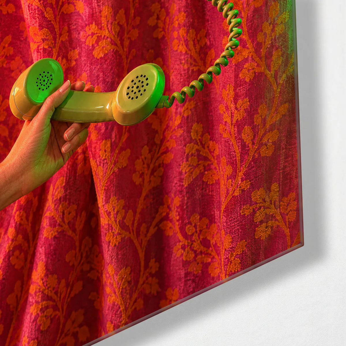 Hello in Green — corner detail of glass wall art