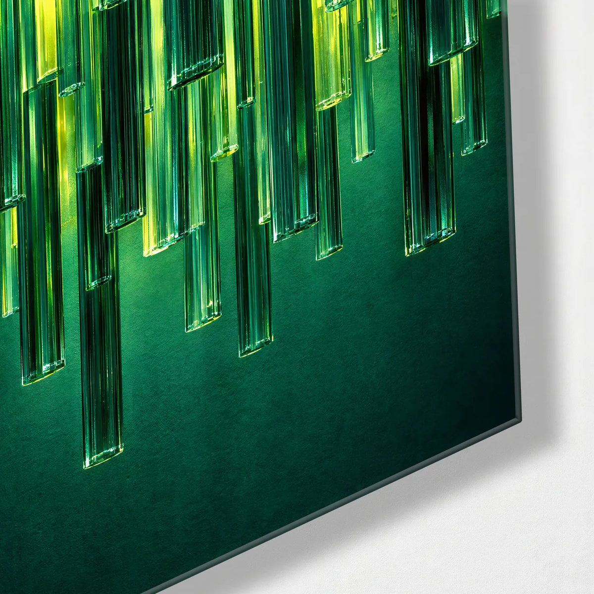 Green Light Tubes — corner detail of glass wall art