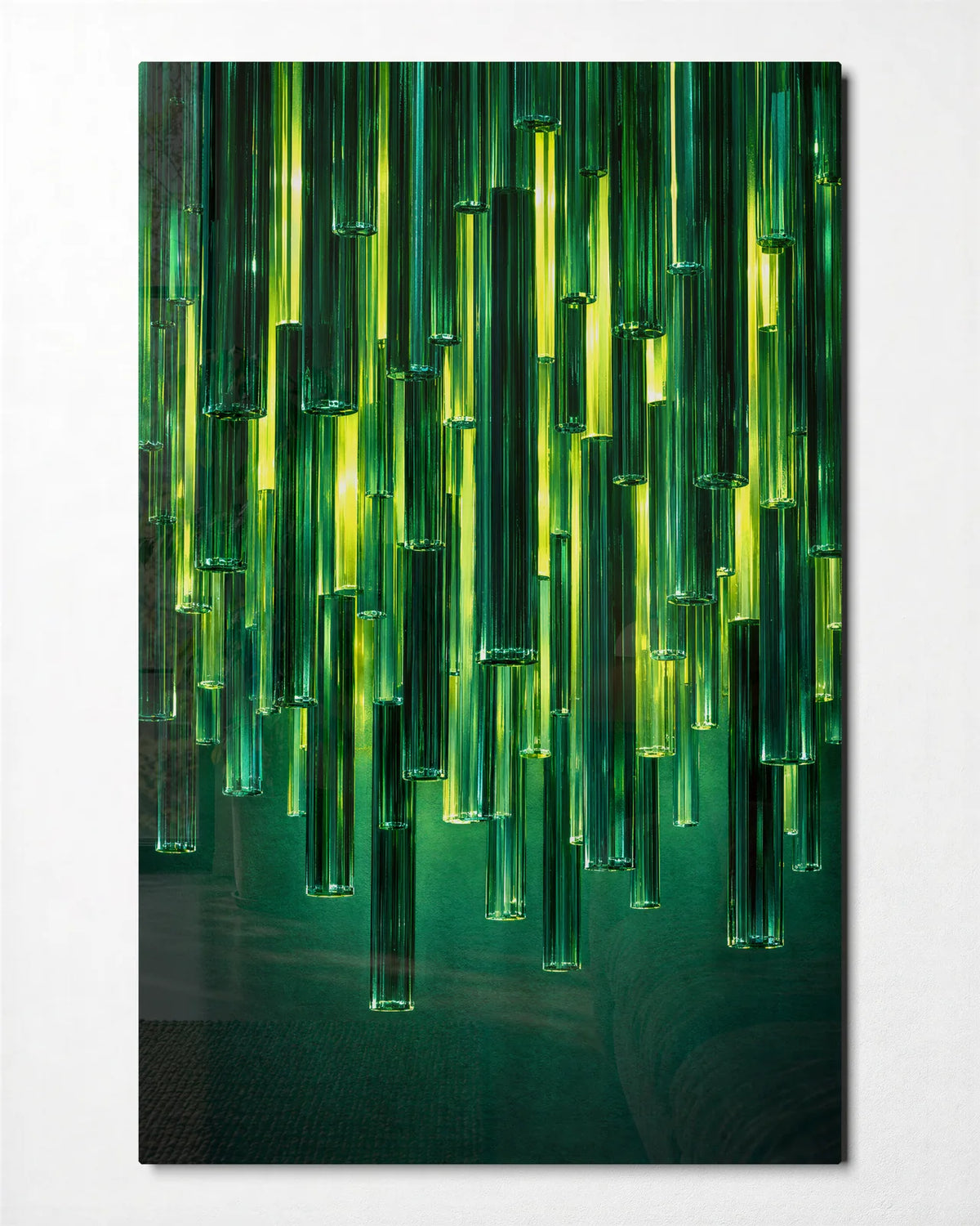 Green Light Tubes — front view of glass wall art