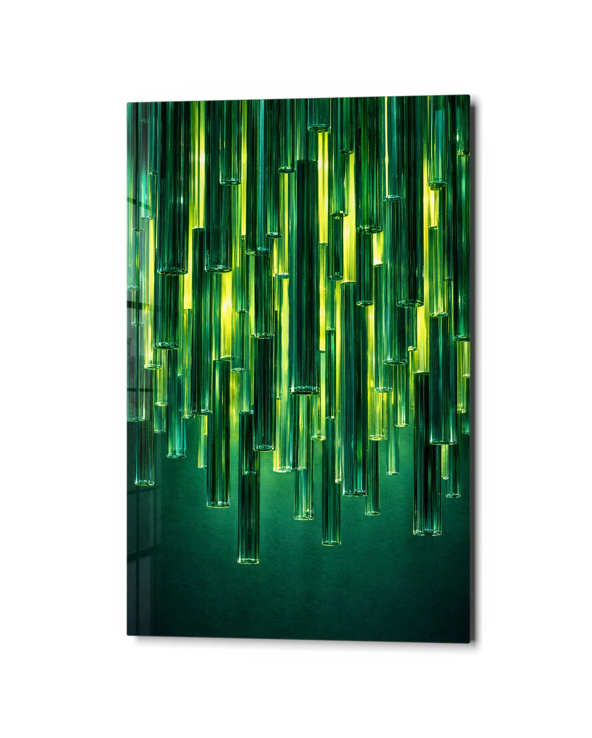 Green Light Tubes — studio view of glass wall art