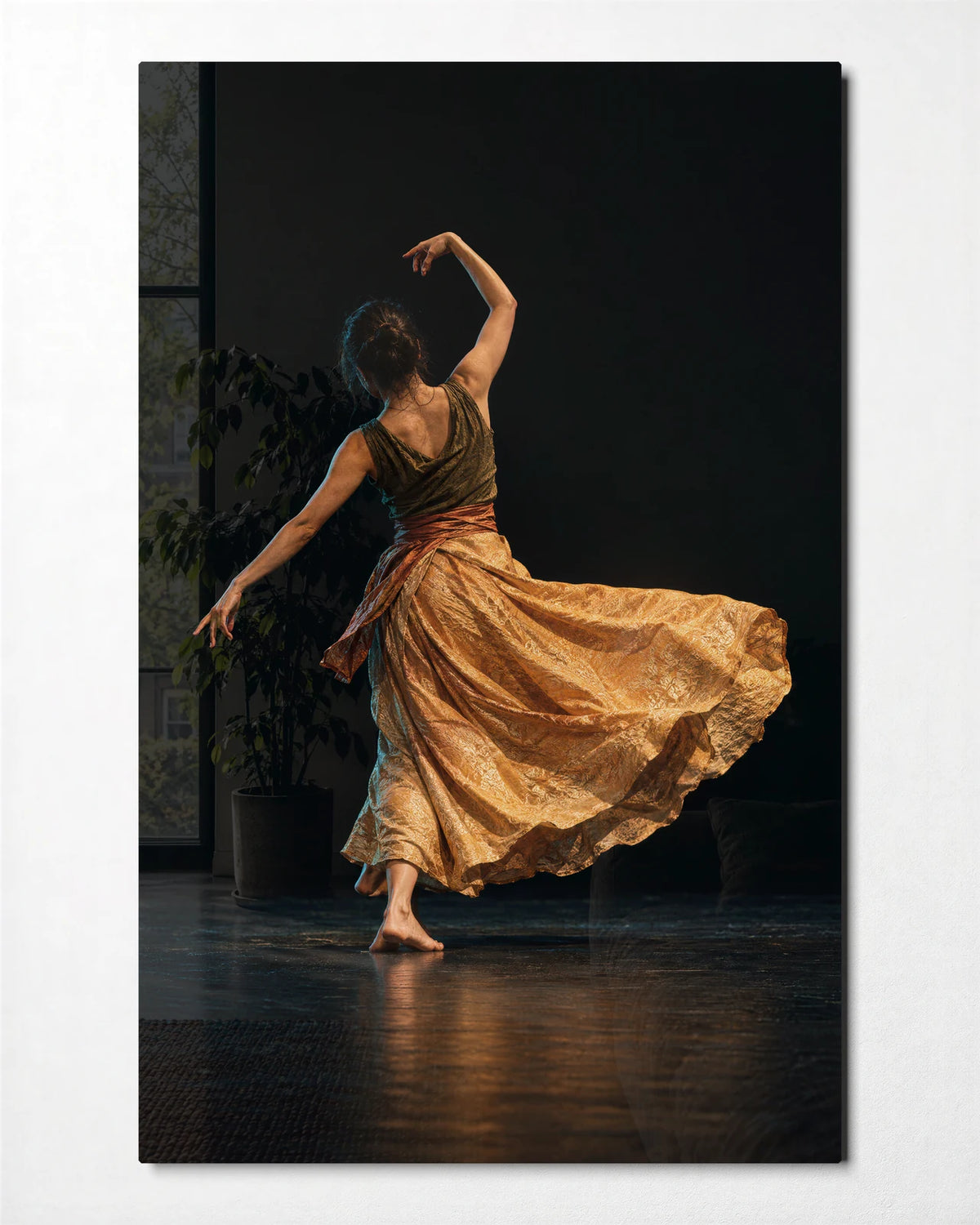 A Turn in Gold — front view of glass wall art
