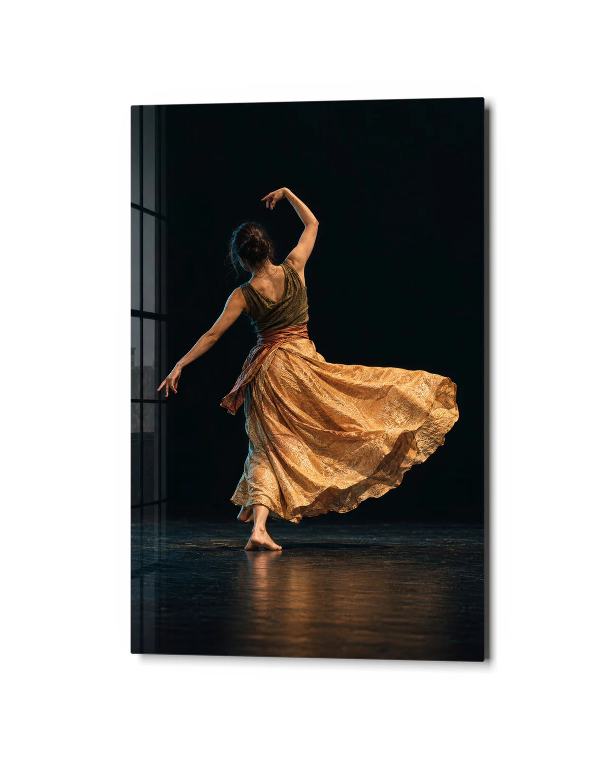 A Turn in Gold — studio view of glass wall art