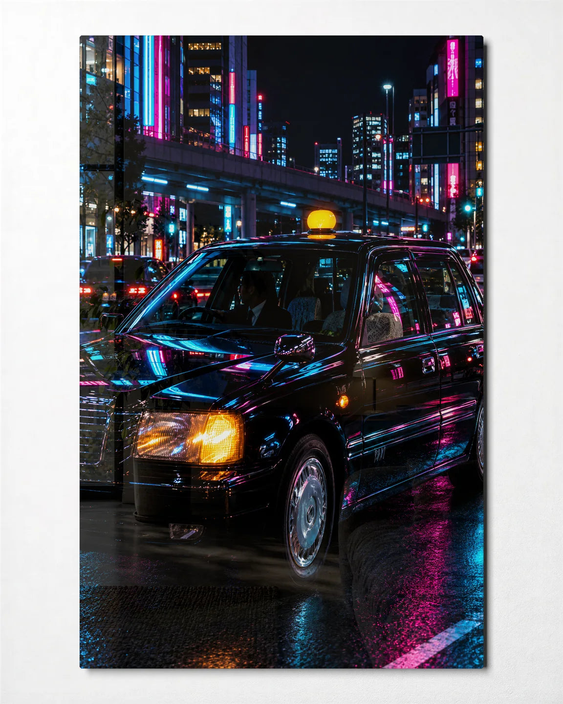 Taxi After Dark — front view of glass wall art