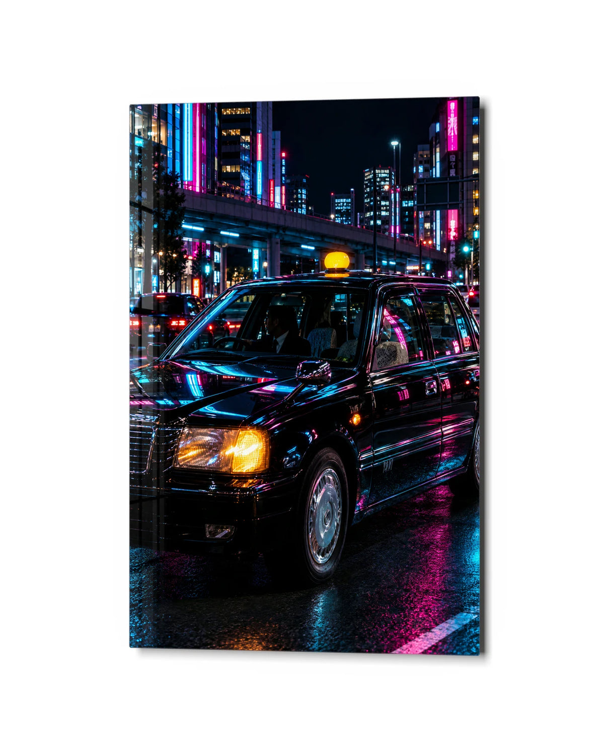 Taxi After Dark — studio view of glass wall art