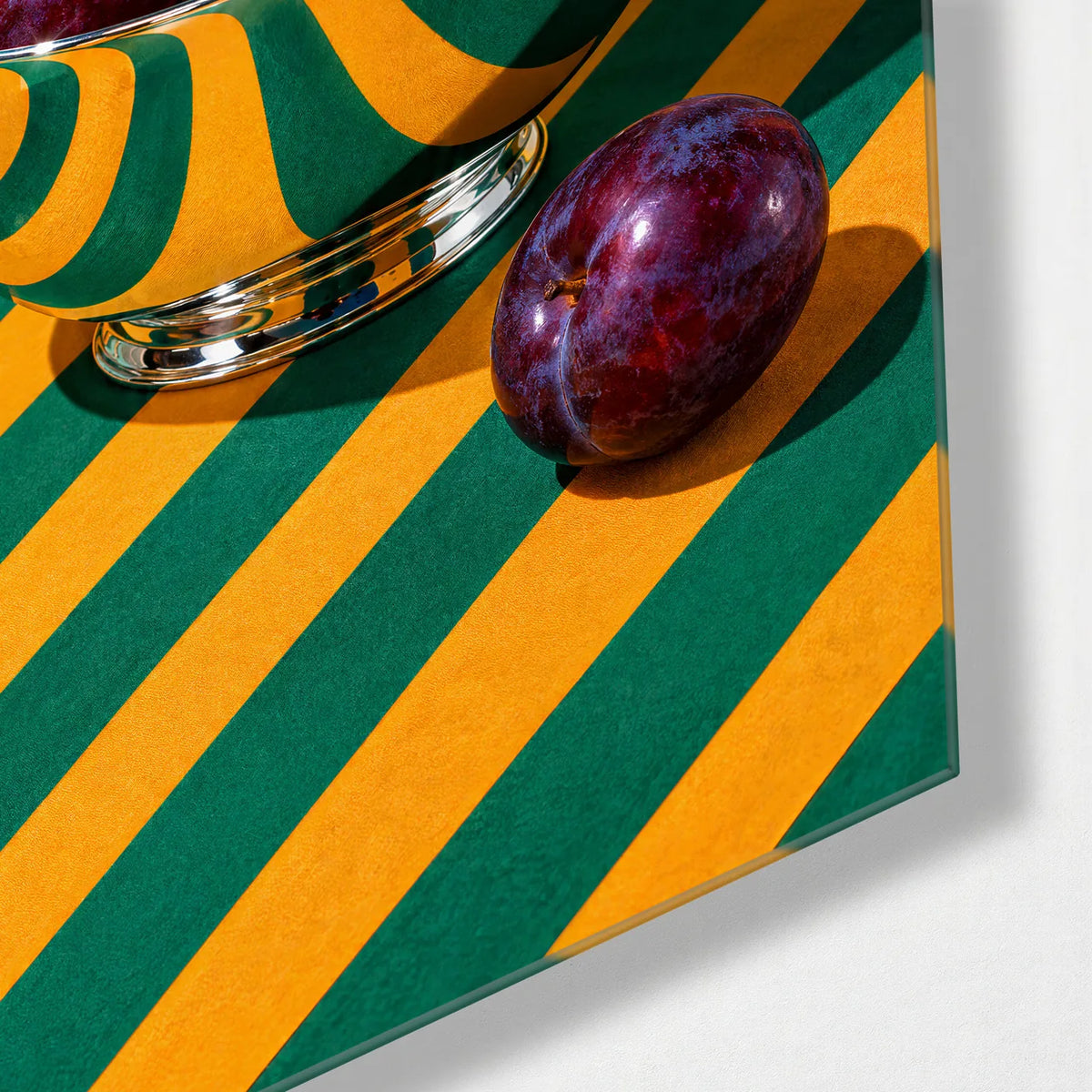 Plums and Stripes — corner detail of glass wall art