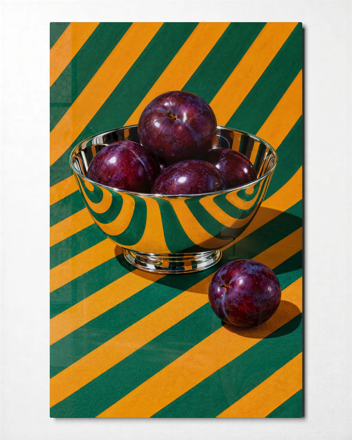 Plums and Stripes — front view of glass wall art