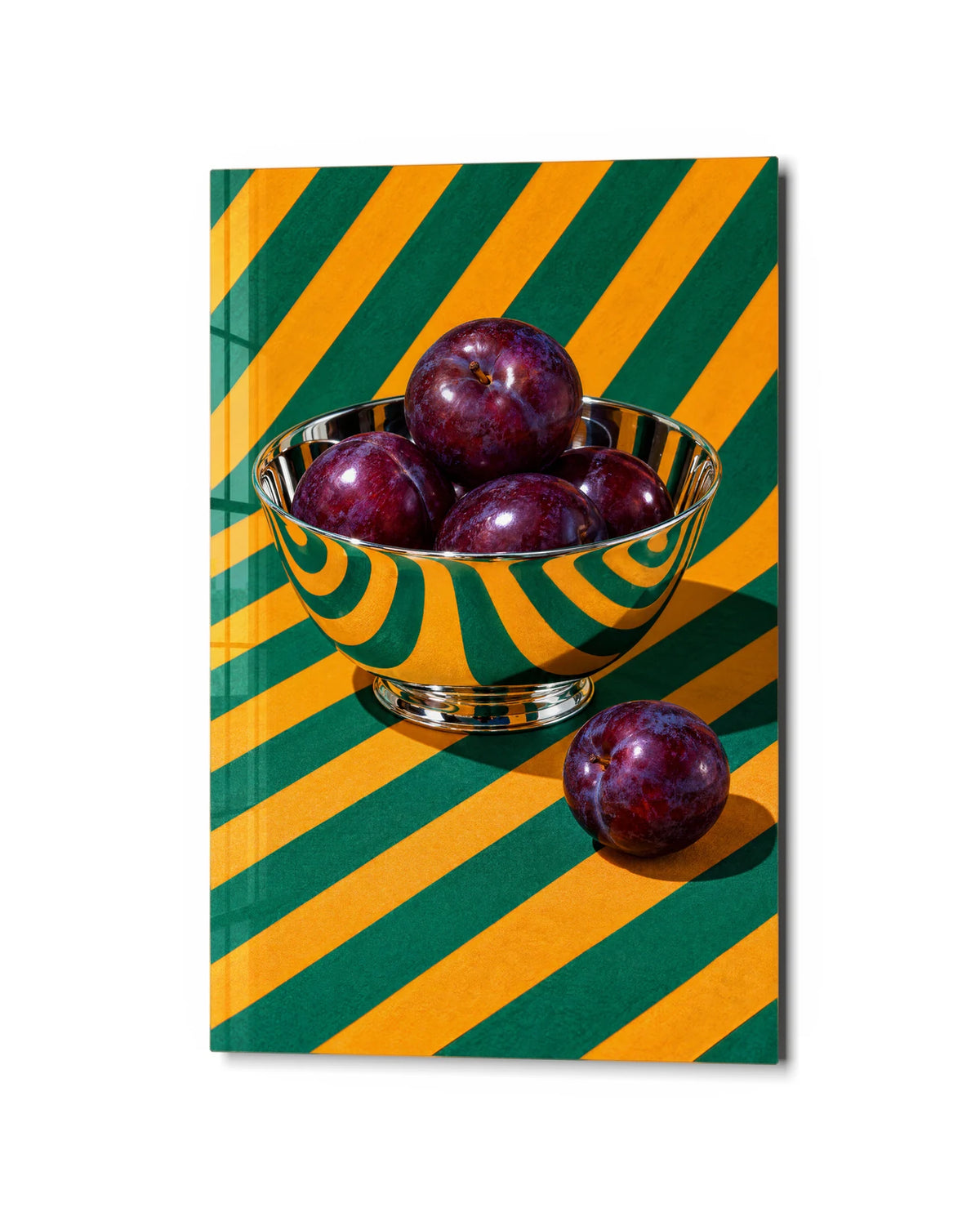 Plums and Stripes — studio view of glass wall art
