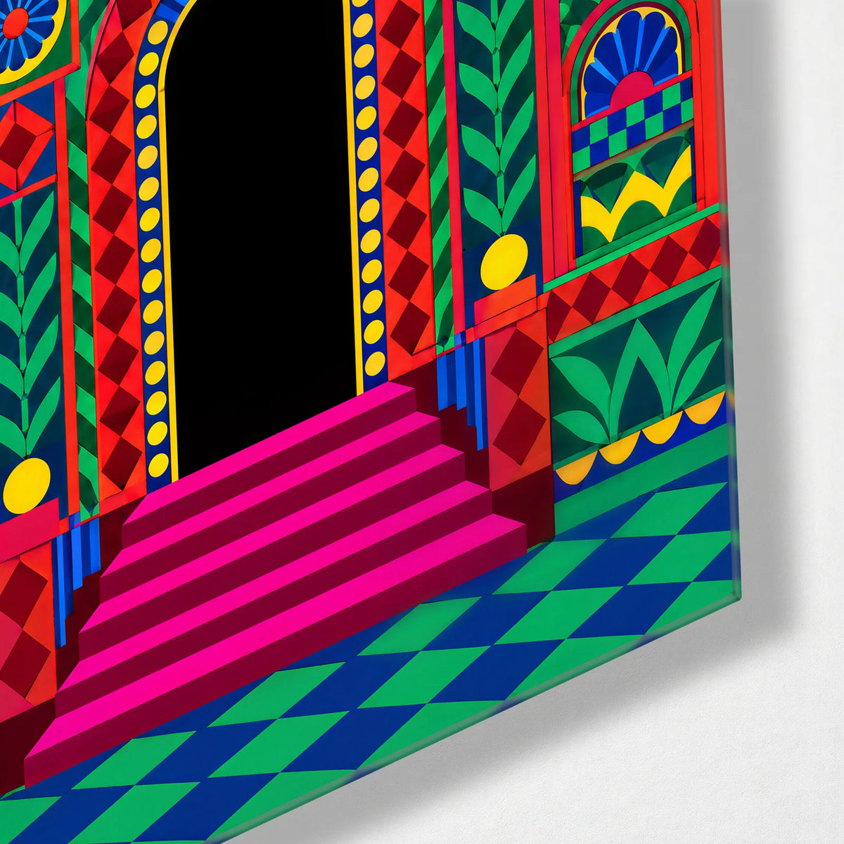Patterned Passage — corner detail of glass wall art