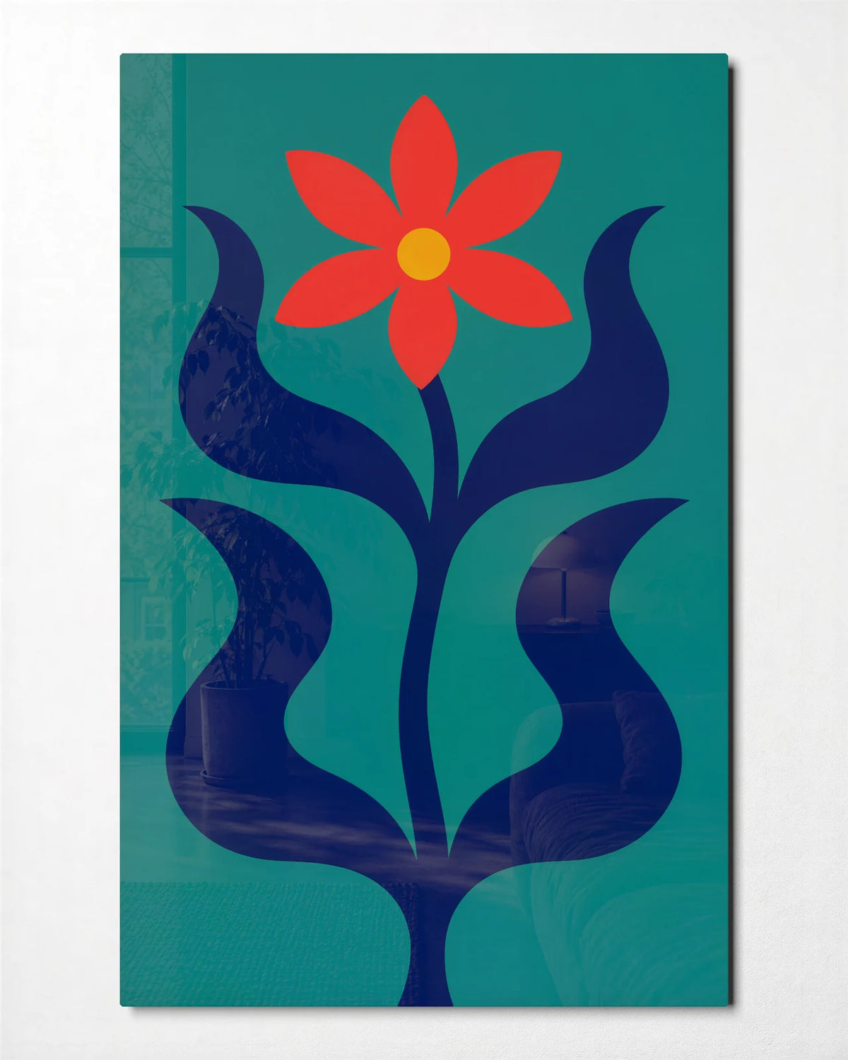 One Red Flower — front view of glass wall art
