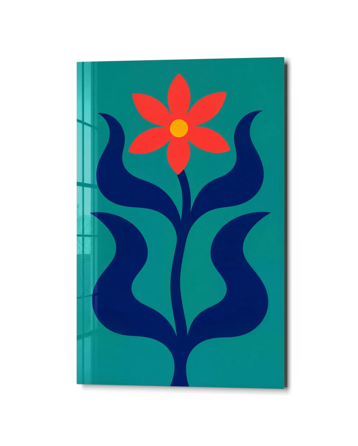 One Red Flower — studio view of glass wall art
