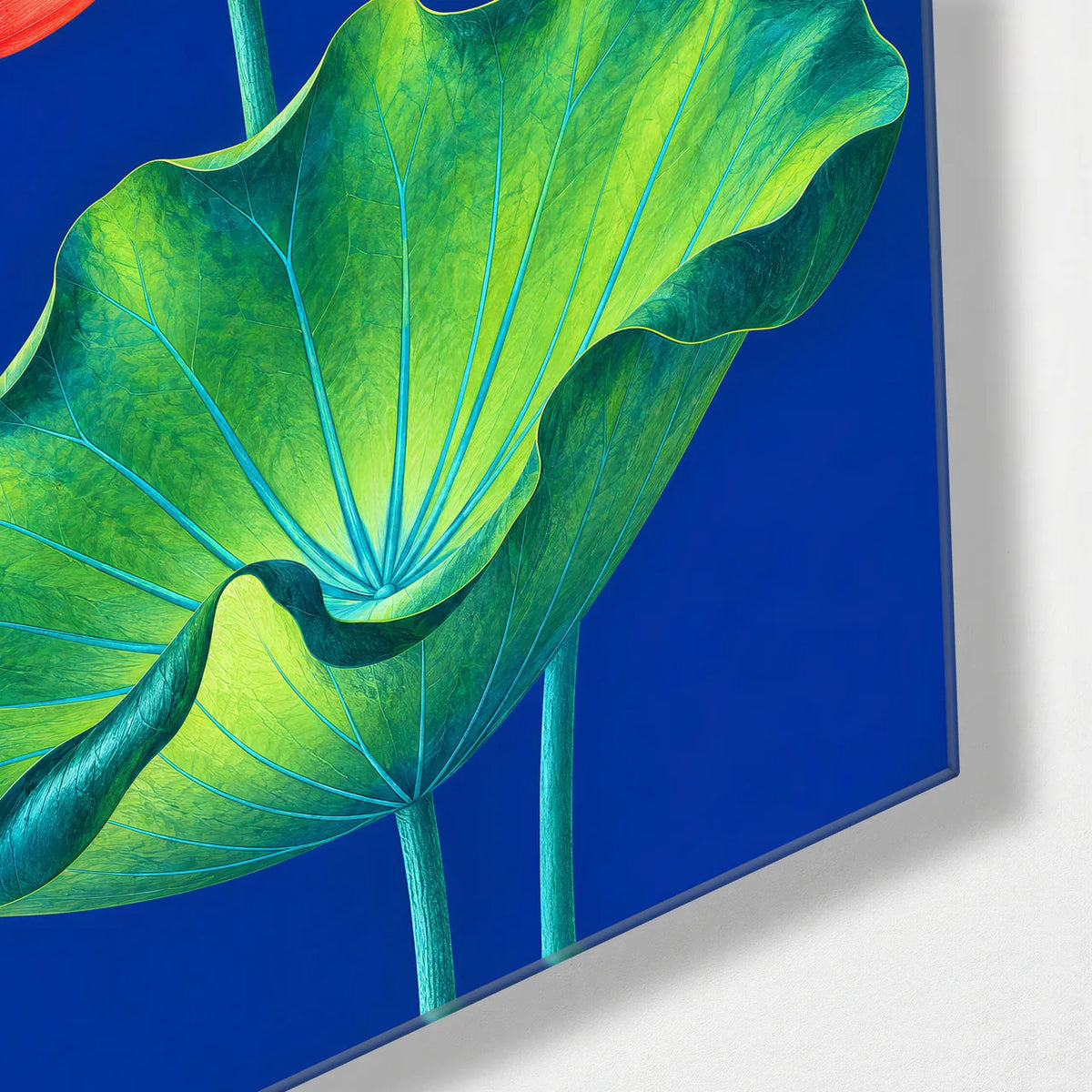 Lotus and Leaf — corner detail of glass wall art