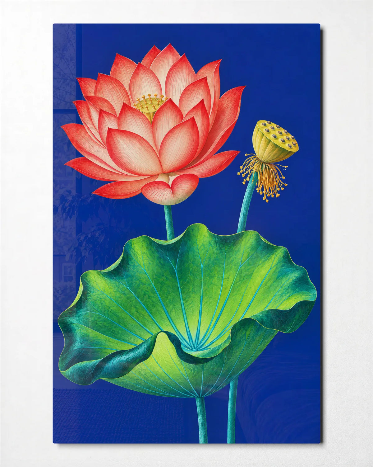 Lotus and Leaf — front view of glass wall art
