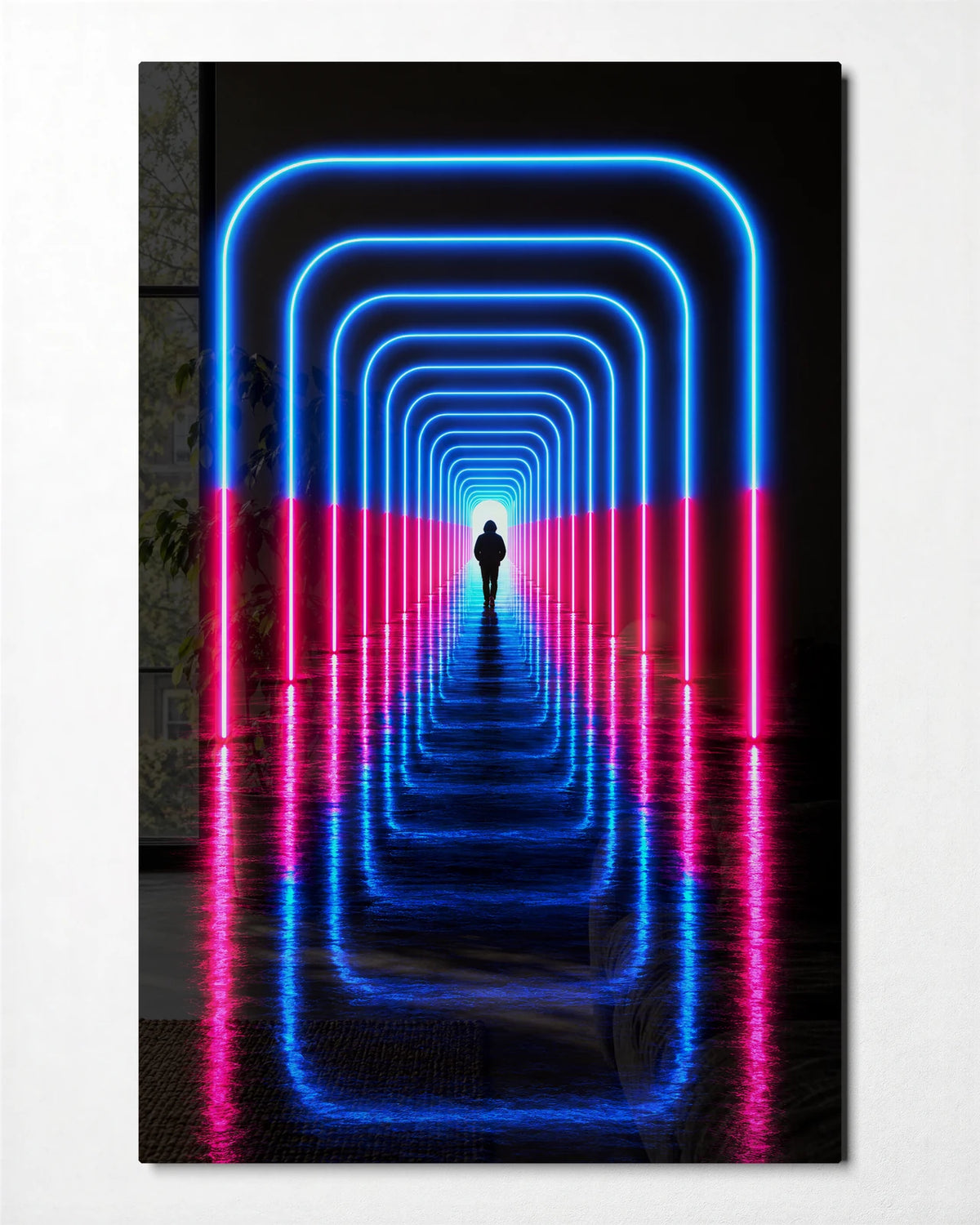 Through the Neon — front view of glass wall art
