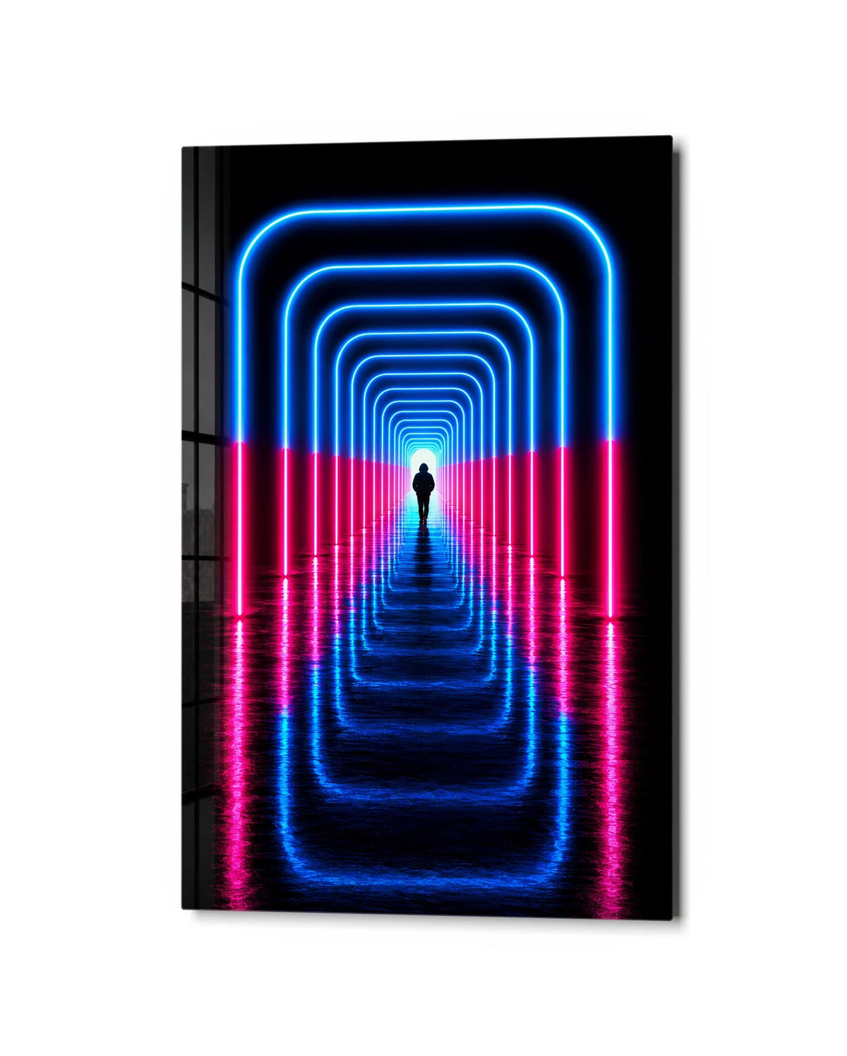 Through the Neon — studio view of glass wall art