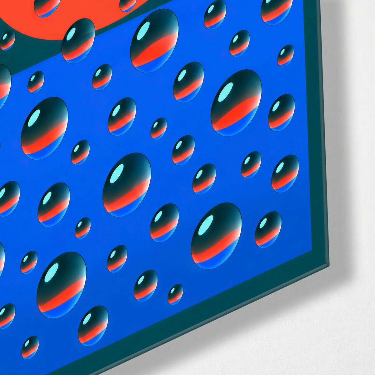 Drops of Red and Blue — corner detail of glass wall art
