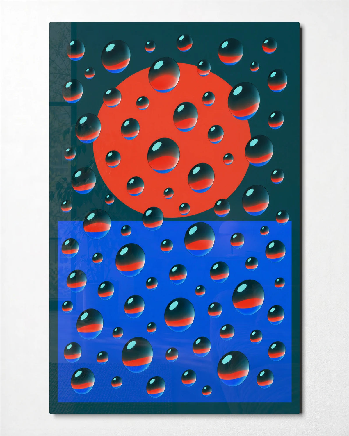 Drops of Red and Blue — front view of glass wall art