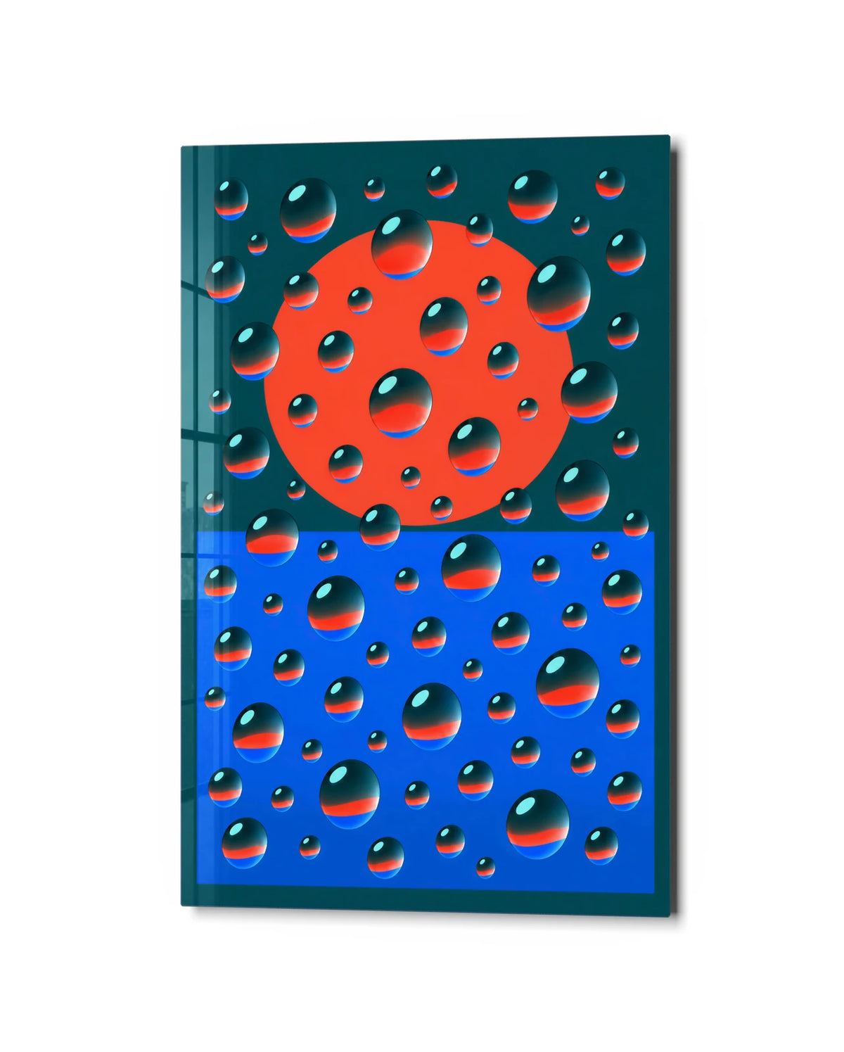 Drops of Red and Blue — studio view of glass wall art