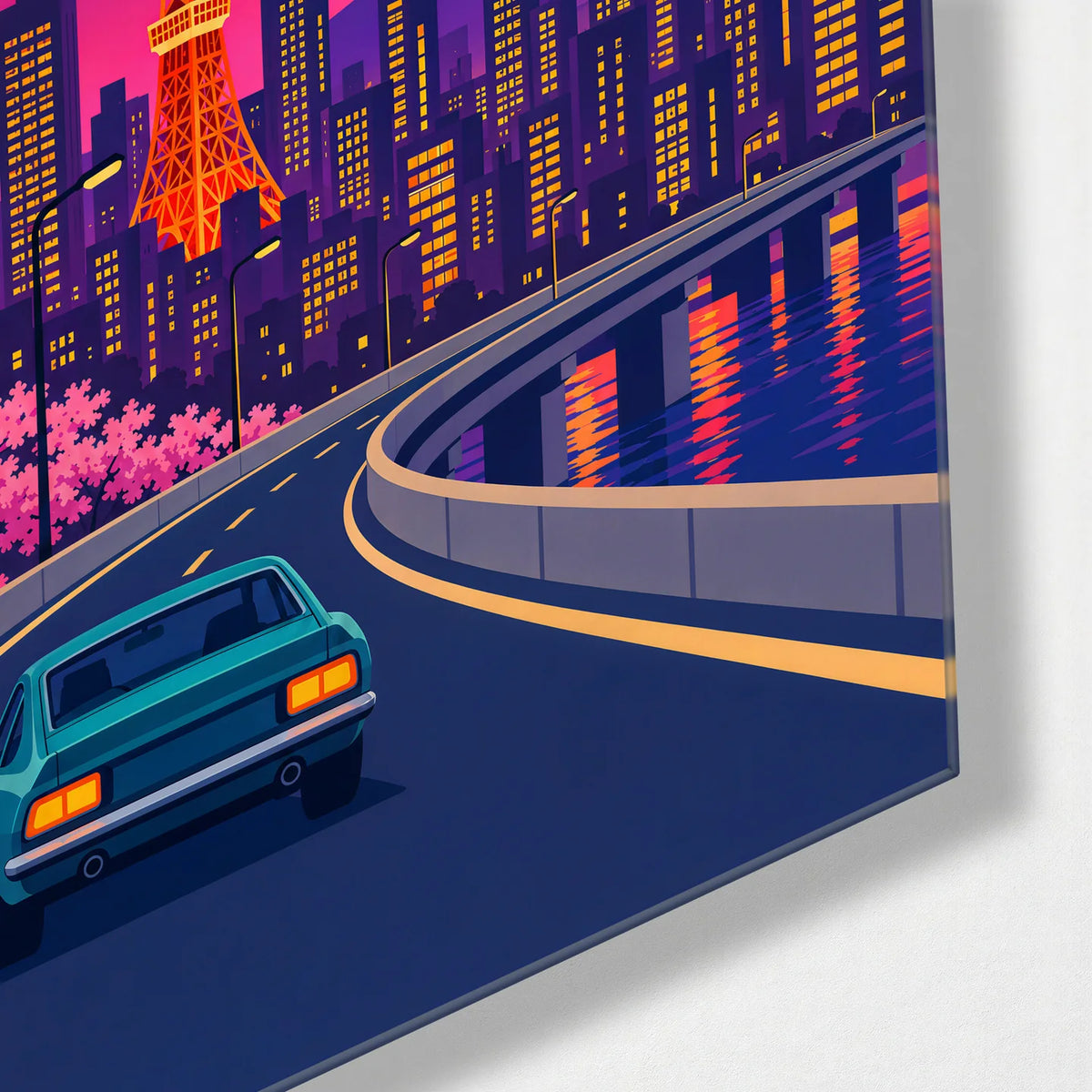 Tokyo Evening Drive — corner detail of glass wall art